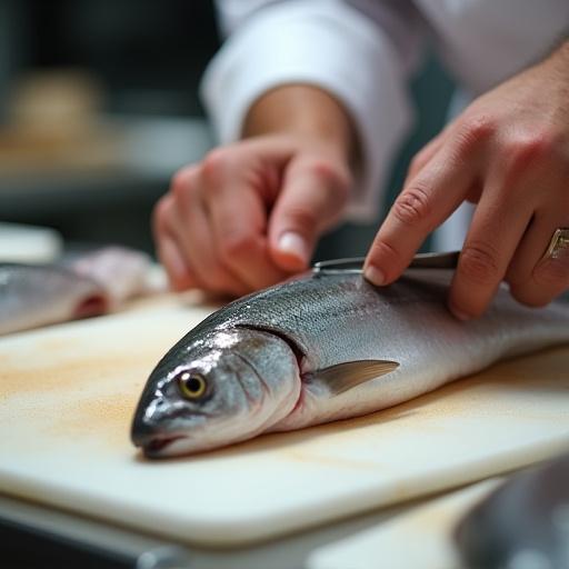 Chef esperto che dimostra le tecniche precise di taglio e sfilettatura di un pesce fresco sul tagliere
