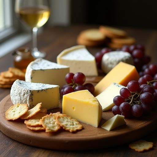 Varia selezione di formaggi italiani di qualità su un tagliere in legno con uva e crackers