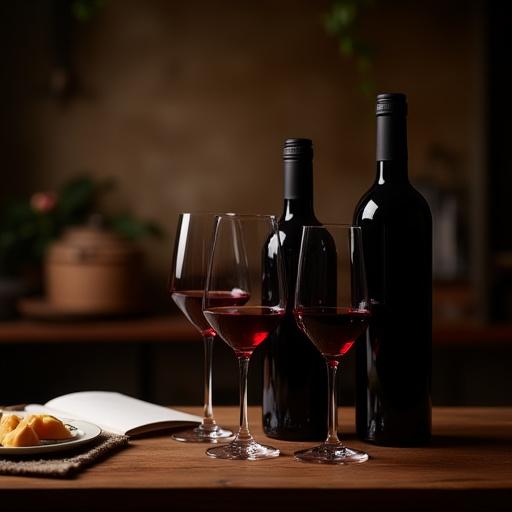 Eleganti bicchieri da vino rosso su un tavolo in legno con bottiglie sullo sfondo, pronti per una degustazione