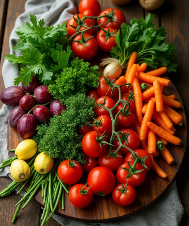 Ingredienti freschi e colorati di stagione su un robusto tavolo di legno, pronti per essere cucinati
