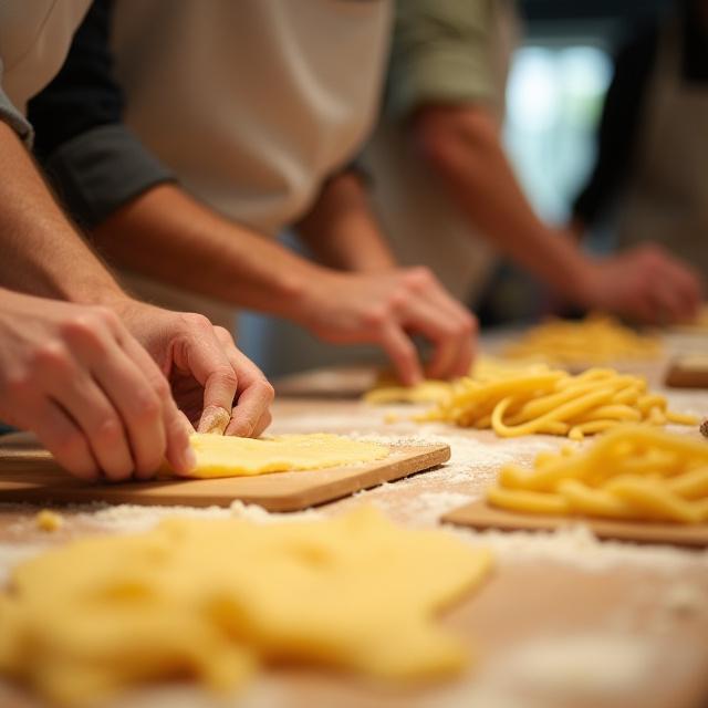 Partecipanti sorridenti che impastano e tagliano la pasta fresca durante un corso di cucina guidato